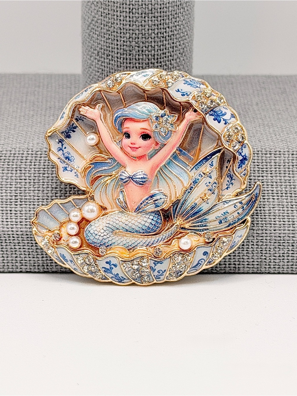 Seashell Mermaid Brooch in Blue & White